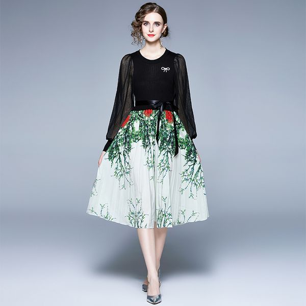 hepburn style knitted printed pleated dress women 2022 designer elegant patchwork tulle long sleeve dresses casual office chic o-neck ladies, Black;gray 
hepburn style knitted printed pleated dress women 2022 designer elegant patchwork tulle long sleeve dresses casual office chic o-neck ladies, Black;gray