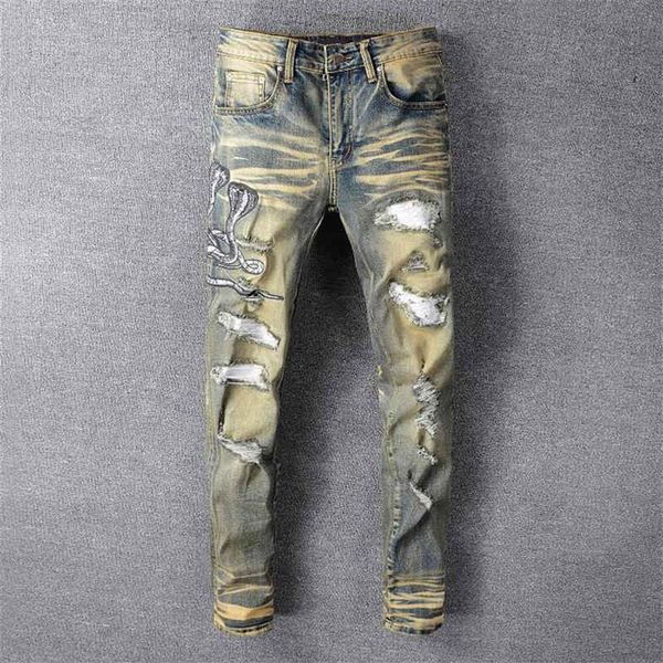 men's jeans delivery snake embroidered retro denim slim ny hol pu leather patchwork stretch2201, Blue
men's jeans delivery snake embroidered retro denim slim ny hol pu leather patchwork stretch2201, Blue