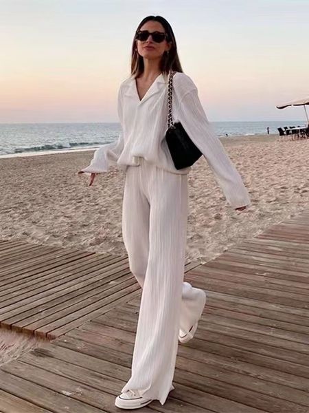 women's two piece pants men's tracksuits autumn women elegant pleated two piece set loose long sleeve blouses high waist wide leg, White
women's two piece pants men's tracksuits autumn women elegant pleated two piece set loose long sleeve blouses high waist wide leg, White