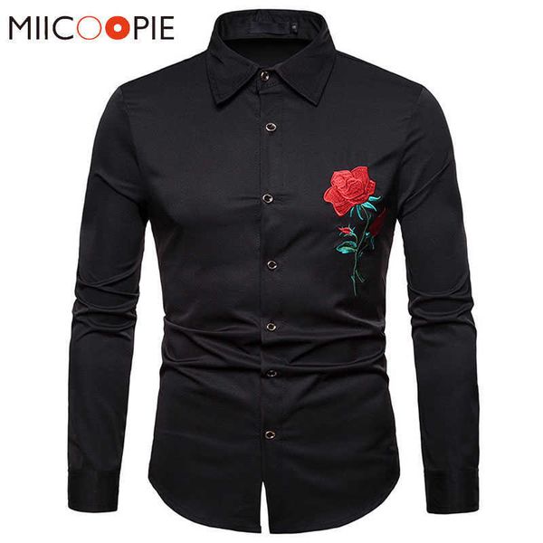 

men's casual shirts retro floral shirts men new 2018 luxury rose embroidery dress shirt long sleeve chemise homme social streetwear haw, White;black