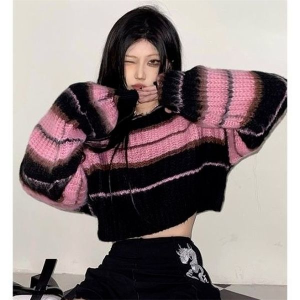 women's sweaters deeptown y2k korean style pink cropped sweater women striped jumper vintage female autumn long sleeve crewneck pullove, White;black
women's sweaters deeptown y2k korean style pink cropped sweater women striped jumper vintage female autumn long sleeve crewneck pullove, White;black