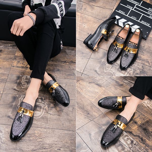 sequined brogue leather oxford shoes luxury tassel pointed toe one stirrup men's fashion formal casual shoes business shoes large size, Black
sequined brogue leather oxford shoes luxury tassel pointed toe one stirrup men's fashion formal casual shoes business shoes large size, Black