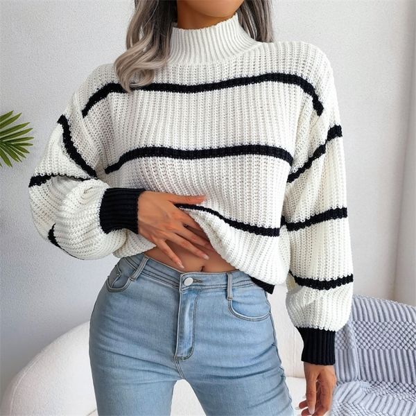 women's sweaters women fall winter casual striped lantern sleeve turtleneck knit sweater for ladies loose fashion chic 221006, White;black
women's sweaters women fall winter casual striped lantern sleeve turtleneck knit sweater for ladies loose fashion chic 221006, White;black