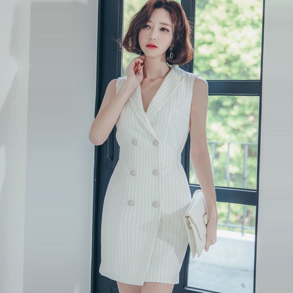 work dresses women's summer korean highend temperament slim fitting suit collar waist double breasted striped professional dress 221006, White;black
work dresses women's summer korean highend temperament slim fitting suit collar waist double breasted striped professional dress 221006, White;black