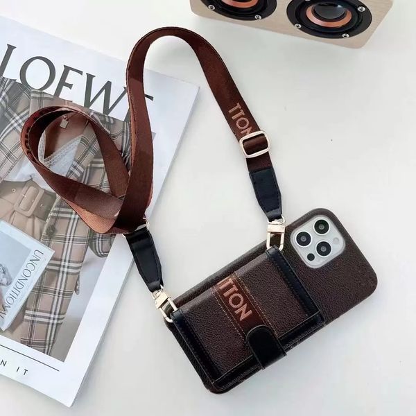 Designer Brown Flower Card Crossbody Wallet Phone Cases for iPhone 14 13 12 11 Pro max 14pro 14plus 13pro 12pro 11pro X Xs Xr 8 7 plus