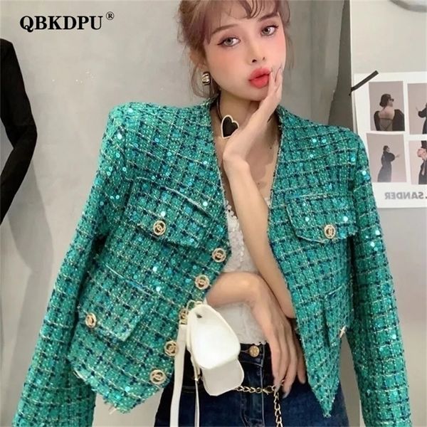 womens jackets small fragrance style elegant cropped tweed jacket women spring green sequin plaid design coat chaquetas mujer 221007, Black;brown
womens jackets small fragrance style elegant cropped tweed jacket women spring green sequin plaid design coat chaquetas mujer 221007, Black;brown