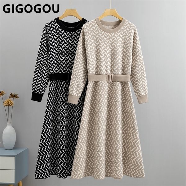 casual dresses gigogou luxury jacquard women long knit sweater chic autumn winter a line with belt pleated maxi midi party 221007, Black;gray 
casual dresses gigogou luxury jacquard women long knit sweater chic autumn winter a line with belt pleated maxi midi party 221007, Black;gray
