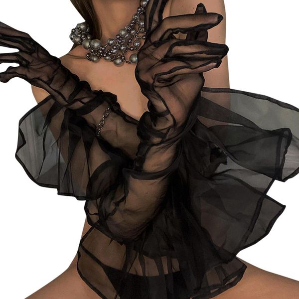 women girls arm gloves gothic solid lace transparent half sleeve mesh ruffle gloves, White
women girls arm gloves gothic solid lace transparent half sleeve mesh ruffle gloves, White