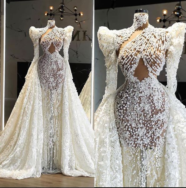 fashion pearls illusion mermaid wedding dresses lace appliques bridal gown custom made beaded with overskirts wedding gowns, White
fashion pearls illusion mermaid wedding dresses lace appliques bridal gown custom made beaded with overskirts wedding gowns, White