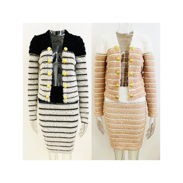 high-quality lady two piece dress striped pattern stitching lion buttons cardigan and skirt, White
high-quality lady two piece dress striped pattern stitching lion buttons cardigan and skirt, White