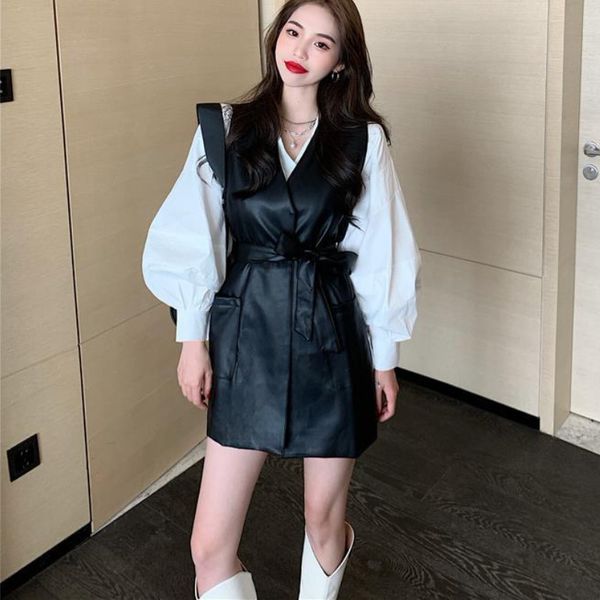 women's vests women long pu leather vests autumn belt causal loose sleeveless jacket girl waistcoat 221007, Black;white
women's vests women long pu leather vests autumn belt causal loose sleeveless jacket girl waistcoat 221007, Black;white