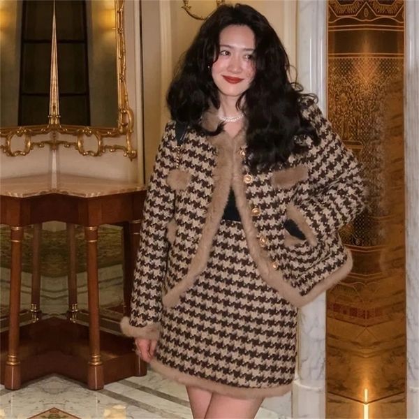 two piece dress elegant houndstooth skirt set women winter spliced faux fur cropped jacket thicken velvet suit vintage 2 piece outfit 221007, White
two piece dress elegant houndstooth skirt set women winter spliced faux fur cropped jacket thicken velvet suit vintage 2 piece outfit 221007, White