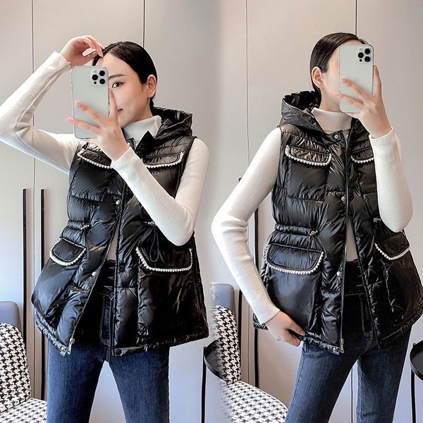 women's vests autumn and winter net red small fragrance beaded vest women's korean version fashion waistcoat bread clothes 221007, Black;white