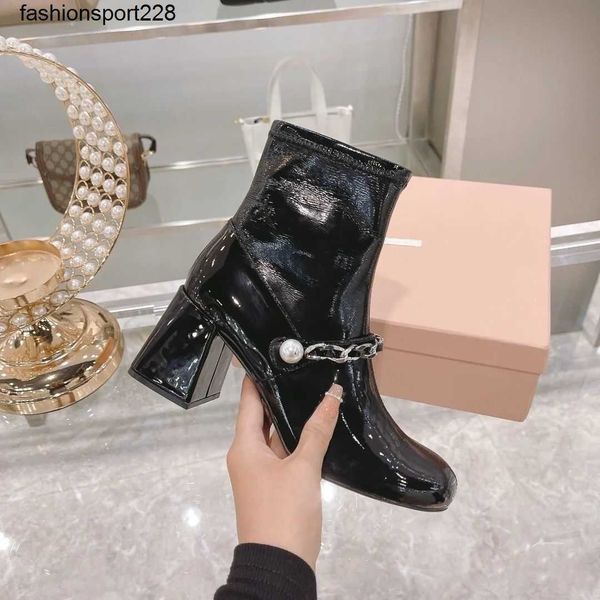 designer boots miu fashion brand fashion short boot small round head autumn winter thick heels patent leather high heels slim booties, Black
designer boots miu fashion brand fashion short boot small round head autumn winter thick heels patent leather high heels slim booties, Black