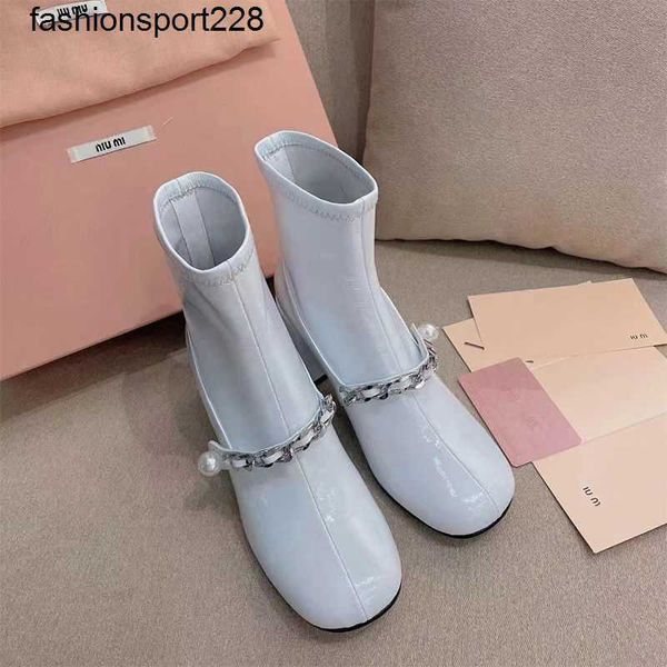 designer boots miu fashion brand pearl chain lacquer leather high heel short boot women round head thick heel autumn winter elastic booties, Black
designer boots miu fashion brand pearl chain lacquer leather high heel short boot women round head thick heel autumn winter elastic booties, Black