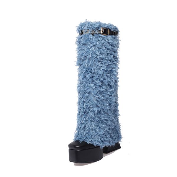 2022 women's boots new european and american fashion punk belt buckle ostrich hair thick heel knee length sleeve boots, Black
2022 women's boots new european and american fashion punk belt buckle ostrich hair thick heel knee length sleeve boots, Black