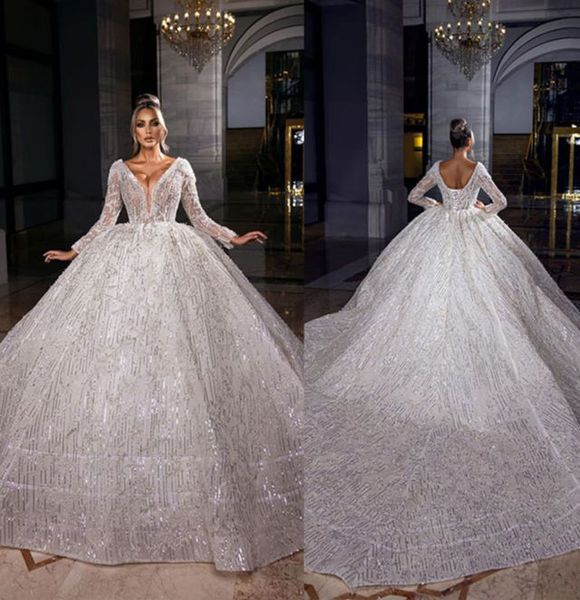 vintage shiny wedding dress sequins v neck beading bridal gowns long sleeves lace floor length robe de mariee, White
vintage shiny wedding dress sequins v neck beading bridal gowns long sleeves lace floor length robe de mariee, White