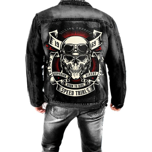 men's autumn winter new lapel denim jacket street personality skull motorcycle cycling hip hop vintage wash coat, Black;brown
men's autumn winter new lapel denim jacket street personality skull motorcycle cycling hip hop vintage wash coat, Black;brown