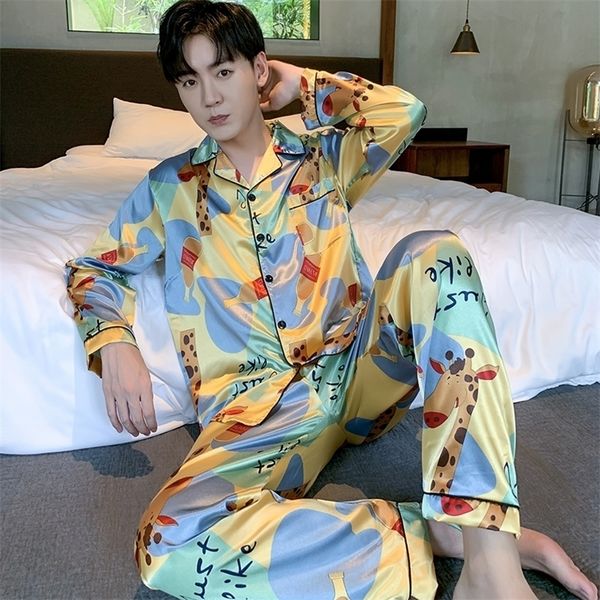 men's sleepwear silk pajamas set autumn elastic waist men pyjamas long sleeve nightwear print pant homewear 221007, Black;brown
men's sleepwear silk pajamas set autumn elastic waist men pyjamas long sleeve nightwear print pant homewear 221007, Black;brown