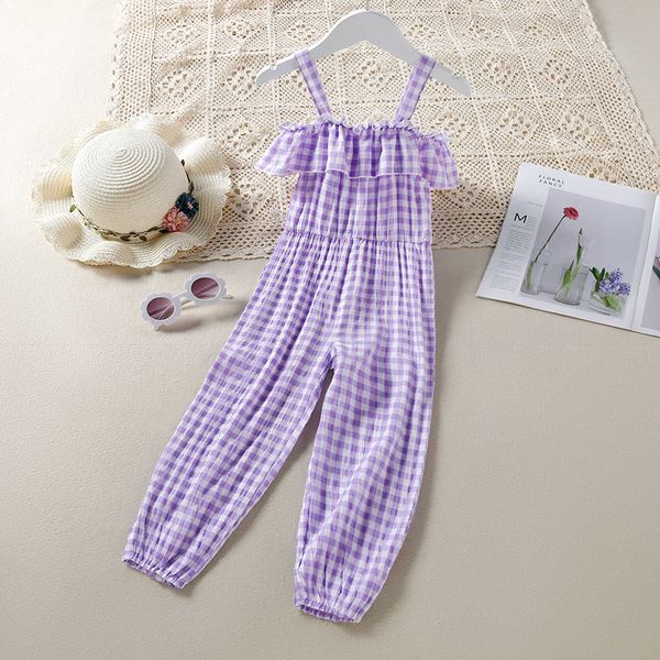 rompers fashion toddler girls summer sling jumpsuit purple sleeveless off shoulder ruffle plaid print romper kid clothes j220922, Blue