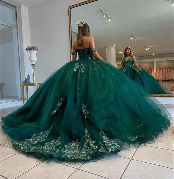 Image of 2022 Dark Green Quinceanera Dresses Ball Gown Sweetheart Off Shoulder Gold Lace Sequined Crystal Beads Corset Back Dress Sweet 16 Vestido De 15 Anos Quinceanera