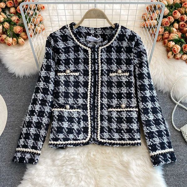 women's jackets fashion long sleeve frayed trims outerwear chic plaid jacket tweed woolen overcoat women vintage houndstooth tweed coa, Black;brown
women's jackets fashion long sleeve frayed trims outerwear chic plaid jacket tweed woolen overcoat women vintage houndstooth tweed coa, Black;brown