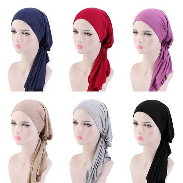 women soft cotton pre-tie style turban hat head wrap stretch bandana long tail muslim hijab headscarf cancer hair loss chemo cap, Blue;gray
women soft cotton pre-tie style turban hat head wrap stretch bandana long tail muslim hijab headscarf cancer hair loss chemo cap, Blue;gray