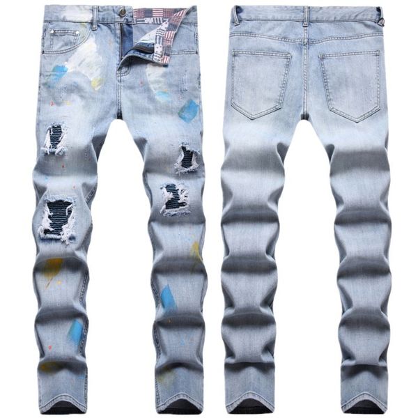 men's jeans light blue patches ripped jeans locomotive element hole pleated hand painted paint small straight casual jeans male cotton
men's jeans light blue patches ripped jeans locomotive element hole pleated hand painted paint small straight casual jeans male cotton