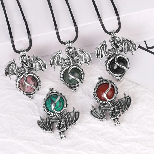 vintage dragon necklace 16mm natural stone crystal pendant necklaces for women amethysts pink quartz tiger eye jewelry, Silver 
vintage dragon necklace 16mm natural stone crystal pendant necklaces for women amethysts pink quartz tiger eye jewelry, Silver