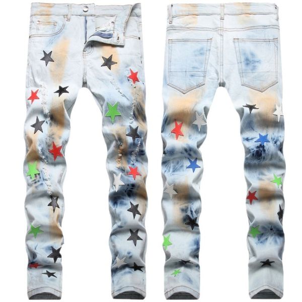 men's jeans versatile men ripped jeans hole patch stretch pencil denim pants streetwear elastic hip hop star pattern embroidery casual, Blue
men's jeans versatile men ripped jeans hole patch stretch pencil denim pants streetwear elastic hip hop star pattern embroidery casual, Blue