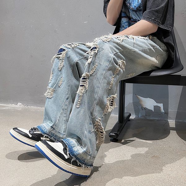 men's jeans high street streetwear destroyed ripped jeans homme hip hop destroyed tattered biker denim jeans hole loose wide leg pants, Blue
men's jeans high street streetwear destroyed ripped jeans homme hip hop destroyed tattered biker denim jeans hole loose wide leg pants, Blue