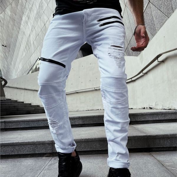 men's jeans fashion zipper biker jeans mens distressed stretch white ripped jeans hip hop slim fit holes streetwear cotton denim pants, Blue
men's jeans fashion zipper biker jeans mens distressed stretch white ripped jeans hip hop slim fit holes streetwear cotton denim pants, Blue