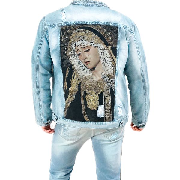 men's fall new denim jacket with ripped lapels street fashion hip hop rock personality tearful girl print worn washed coat, Black;brown
men's fall new denim jacket with ripped lapels street fashion hip hop rock personality tearful girl print worn washed coat, Black;brown