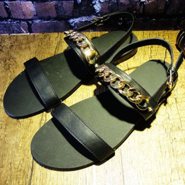 open toe fashion balck sandals leather soft mens gold chain flat sandals male rome hollow summer slides in england, Black
open toe fashion balck sandals leather soft mens gold chain flat sandals male rome hollow summer slides in england, Black