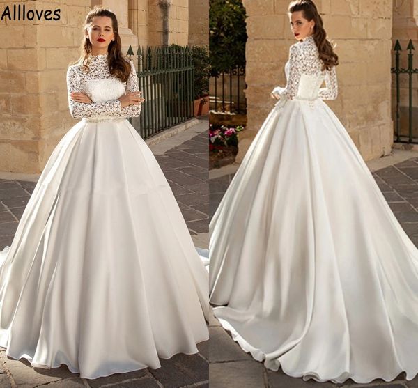 modern satin ball gown wedding dresses with long sleeves high collar lace arabic muslim princess bridal gowns plus size long train vestidos, White
modern satin ball gown wedding dresses with long sleeves high collar lace arabic muslim princess bridal gowns plus size long train vestidos, White