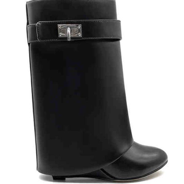 ankle boots leather winter women brand shoes boots shark buckle pointed toe wedges black heel design knee-length style botas fashion 220106
ankle boots leather winter women brand shoes boots shark buckle pointed toe wedges black heel design knee-length style botas fashion 220106