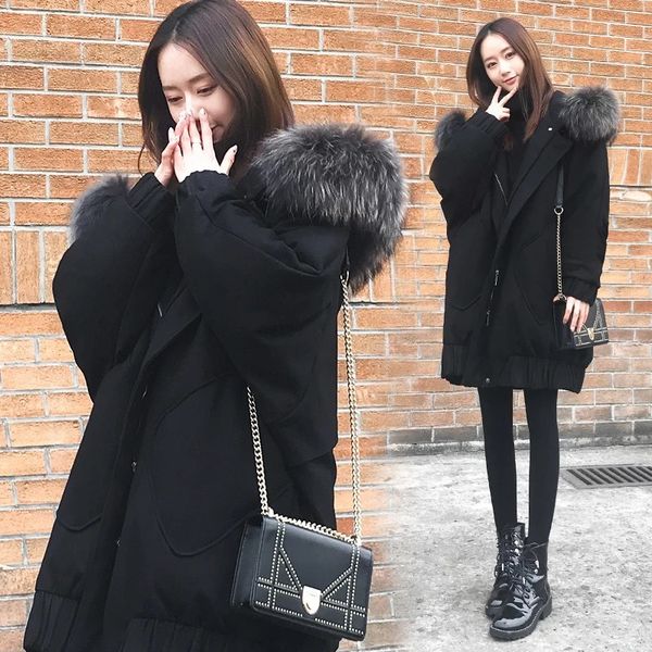women's down oversized wool collar cotton jacket in winter women's fat mm korean students thickened thin medium long, Black
women's down oversized wool collar cotton jacket in winter women's fat mm korean students thickened thin medium long, Black