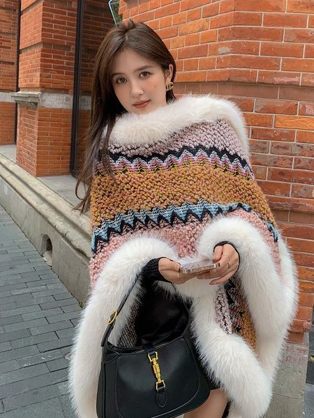 women's cape shawl wool knitting warm cloak coat spring autumn korean style clothing faux fur neck long poncho mujer, Black
women's cape shawl wool knitting warm cloak coat spring autumn korean style clothing faux fur neck long poncho mujer, Black