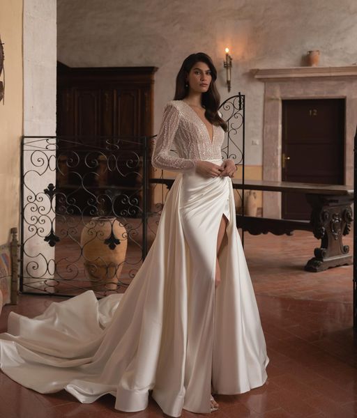 eva lendel mermaid split wedding dress with detachable train v neck long sleeve bridal gowns sequined robes de mariee, White
eva lendel mermaid split wedding dress with detachable train v neck long sleeve bridal gowns sequined robes de mariee, White