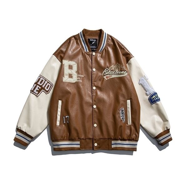men s jackets mens varsity pu leather baseball jacket men women vintage embroidery letter patchwork college coats hip hop bomber coat 221008, Black;brown
men s jackets mens varsity pu leather baseball jacket men women vintage embroidery letter patchwork college coats hip hop bomber coat 221008, Black;brown