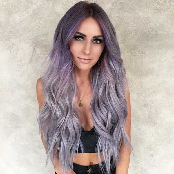 synthetic wigs fashion women's long curly hair purple gray gradient medium split long curly hair headgear 221010, Black
synthetic wigs fashion women's long curly hair purple gray gradient medium split long curly hair headgear 221010, Black