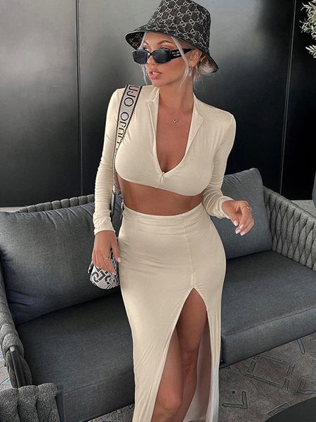 two piece dress set outfit long sleeve crop tshirts slit skirts suit maxi 2pcs sets autumn party club 221010, White
two piece dress set outfit long sleeve crop tshirts slit skirts suit maxi 2pcs sets autumn party club 221010, White