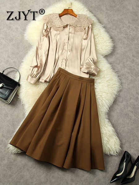 two piece dress zjyt designer autumn embroidery loose satin blouse skirt set women korean fashion work outfits 2 suit elegant office 221010, White 
two piece dress zjyt designer autumn embroidery loose satin blouse skirt set women korean fashion work outfits 2 suit elegant office 221010, White