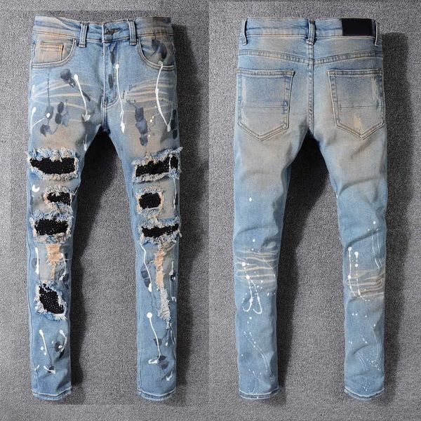 man jeans spray on paint pants with holes knee ripped rivet patch skinny slim straight leg for mens blue classic trousers size 28-40 summer
man jeans spray on paint pants with holes knee ripped rivet patch skinny slim straight leg for mens blue classic trousers size 28-40 summer