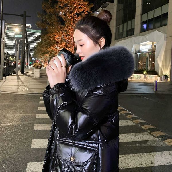 women's down parkas big fur patent leather winter jacket women thicken long down cotton parka hooded female padded waterproof coat t221, Black
women's down parkas big fur patent leather winter jacket women thicken long down cotton parka hooded female padded waterproof coat t221, Black