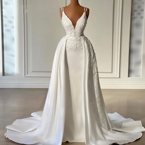 bridal gowns with detachable train elegant v neck mermaid satin wedding dresses sleeveless floor length beaded lace vestido de noiva 2023, White
bridal gowns with detachable train elegant v neck mermaid satin wedding dresses sleeveless floor length beaded lace vestido de noiva 2023, White