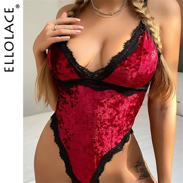 

set elace velvet bodysuit with crotch sleeveless neckline body v lace lingerie patchwork bury bodycon teddy 221010, Red;black