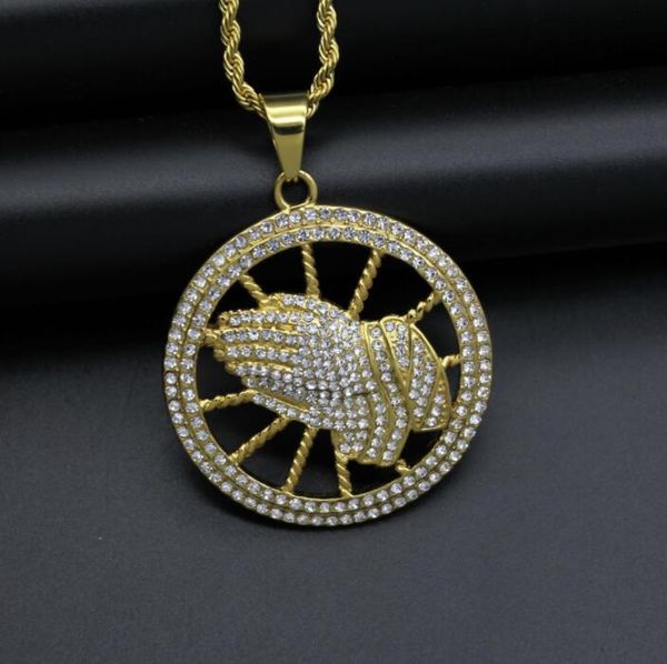 hip hop necklaces titanium steel gilded full diamond prayer hand pendant men women fashion jewelry for gift, Silver 
hip hop necklaces titanium steel gilded full diamond prayer hand pendant men women fashion jewelry for gift, Silver