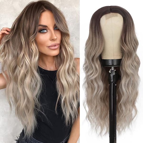 long wavy synthetic wig 24inch ombre ash blonde wigs for women middle part wig with dark roots natural looking heat resistant hair for party, Black
long wavy synthetic wig 24inch ombre ash blonde wigs for women middle part wig with dark roots natural looking heat resistant hair for party, Black