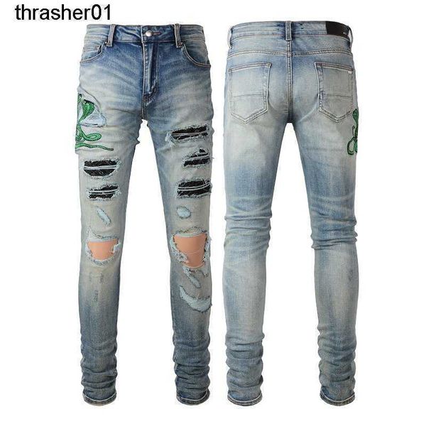 men's designer amirs pleated color matching jeans embroidery holes snake skin men's pants streetwear jeans, Blue
men's designer amirs pleated color matching jeans embroidery holes snake skin men's pants streetwear jeans, Blue